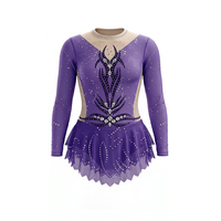 Costume de gymnastique violet avec jupe en tulle superposée et embellissements en cristal pour spectacles sur scène