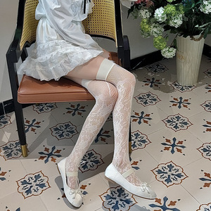 White Thin Lace Crochet Thigh High Stockings 15D Transparent Over The Knee For Women Spring Summer - Product Image 1