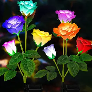 新款3头玫瑰花形灯太阳能户外景观花园草坪发光二极管人行道装饰长钉灯