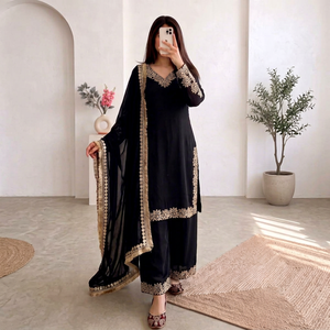 Ensemble Salwar en polyester noir brodé avec dupatta, tenue traditionnelle indienne et pakistanaise pour femmes, coupe ample, longueur cheville, vêtement décontracté - Product Image 1