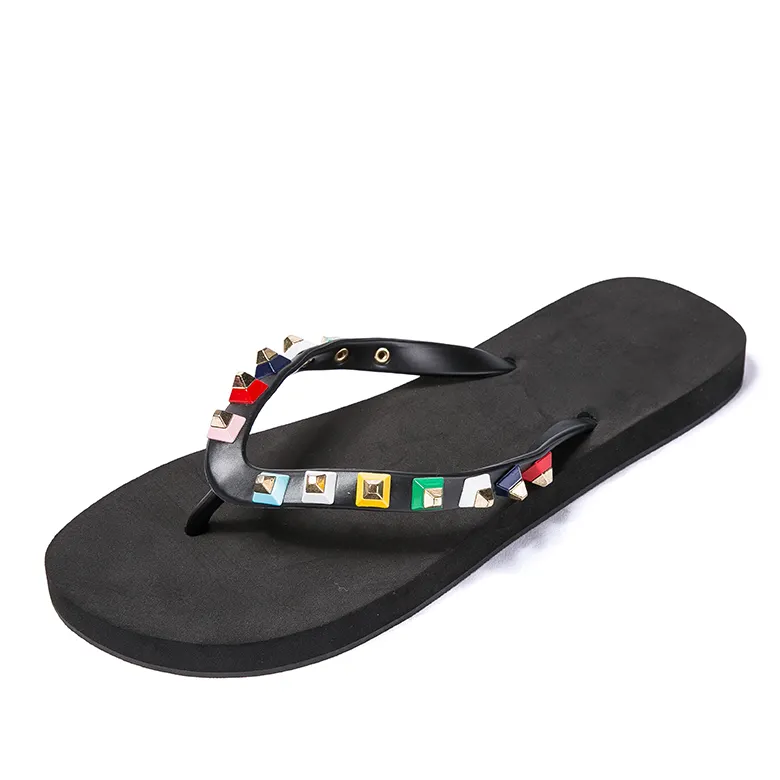 cheap price casual pu strap black custom logo woman women sandal fashion rhinestone rivet flat slipper eva designer flip flops