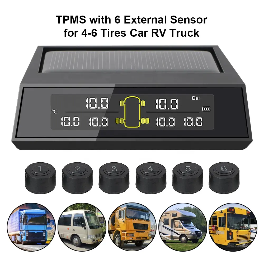 Büyük otobüs kamyon harici sensör 6 Pcs Trail araba güneş enerjisi TPMS LCD renkli ekran izleme lastik basıncı menzilli izleme sistemi