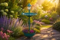 Pied de jardin en métal robuste, vert antique, écologique, style Art Déco, avec bassin pour oiseaux, lumière solaire, aiguille solaire et base de jardinière