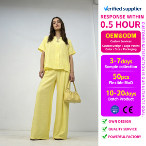 Ensemble 2 pièces pour femmes, été, haut à manches courtes jaune et <span class=keywords><strong>pantalon</strong></span> large, tenue décontractée, tenue de resort - Product Image 5