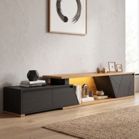 Meuble TV pliable de luxe en bois avec LED, console multimédia moderne noire avec 2 tiroirs pour salon et chambre, compatible avec les téléviseurs de 65 pouces et plus