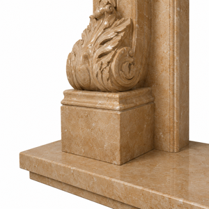 Cheminée traditionnelle en marbre avec sculptures ornées, en pierre beige crème classique, foyer intérieur à bois pour salle à manger - Product Image 3