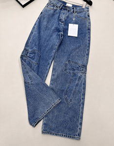High Waisted Wide Leg Cargo Denim Jeans, Vintage Wash Utility Pocket <b>Pants</b> for Casual Street Wear - Product Image 6