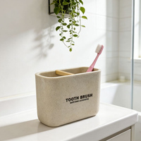 Porte-brosse à dents rectangulaire beige en résine imitation sable, avec séparateur en bambou et double compartiment, organiseur de salle de bain pour dentifrice
