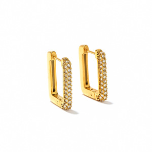 Gold Plated Square Hoop Earrings With Diamonds For Women Everyday Wear Geometric Design 18K Finish Stainless Steel Ear <b>Posts</b> - Product Image 5