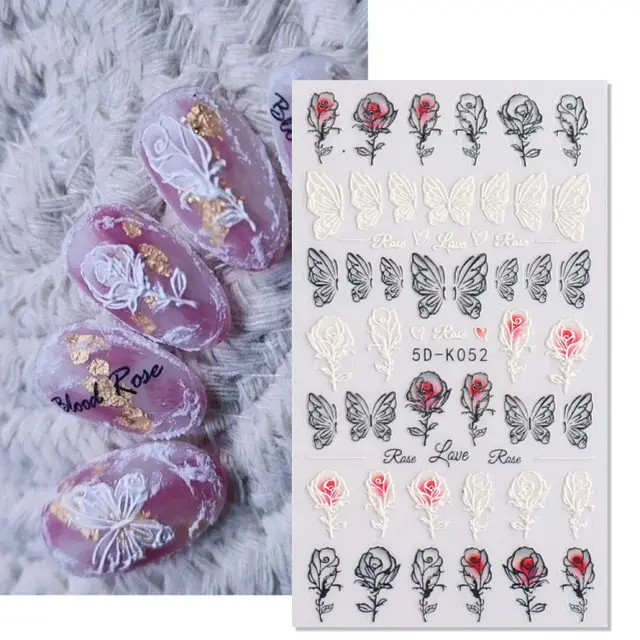 Ychon 5.7*2.75 inch New nail relief sticker 5 D three-dimensional hollow white bridal nail lace butterfly flower nail paste