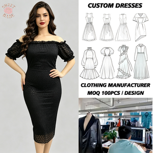 Robe mi-longue moulante en dentelle noire pour femmes, épaules dénudées, manches courtes bouffantes, garniture à volants, coupe ajustée, longueur aux genoux, robe de soirée cocktail - Product Image 1