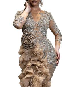 مثير الذهب بلينغ ليلة حتى فستان مأدبة طويلة الأكمام الدانتيل طوى امرأة أنيقة الترتر حفلة موسيقية مساء فساتين الحزب للنساء - Product Image 4