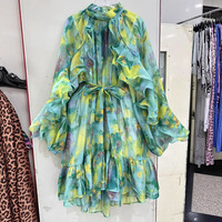 Robe Courte Ample à Manches Longues et Volants, Imprimé Floral Vintage, Style Australien, avec Ceinture et Fermeture Éclair – Nouvelle Collection Printemps/Été