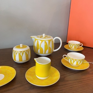 Service à thé en céramique jaune de la série Luxury Horse, 21 pièces, coffret cadeau, porcelaine fine, théière, tasses et soucoupes, compatible avec les aliments. - Product Image 5