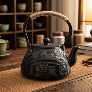 Bouilloire à thé traditionnelle chinoise en fonte avec motif floral et poignée en corde, pot à eau avec couvercle - Product Image 3