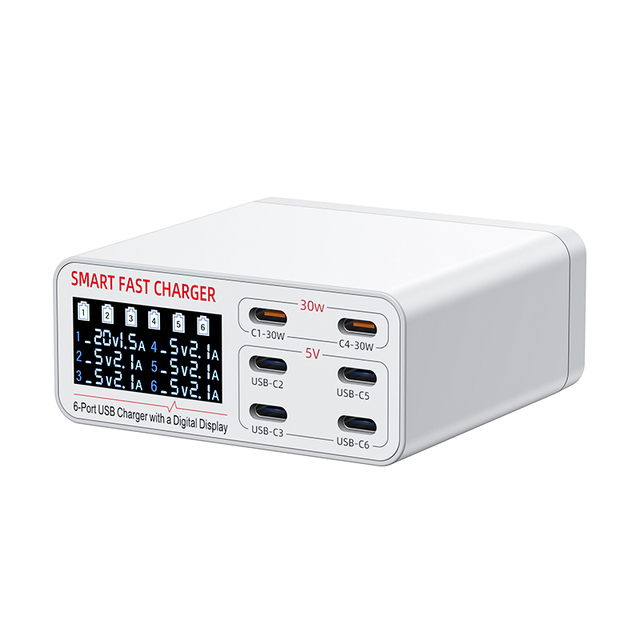 2026 Hot Sell Customized 6 PORT 5V 1A-2.4A Display Screen 55 W Power Mobile Phone Charger Multi-port Quick Charger Station EU