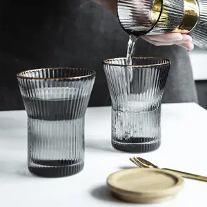 طقم أكواب رمادي شفاف مكون من 3 أوعية زجاجية مضلعة للماء أطقم أكواب زجاجية