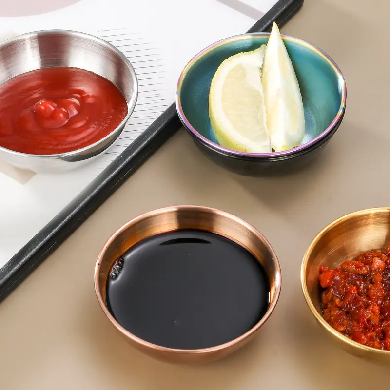 Plato redondo de acero inoxidable para salsa de soja, vajilla japonesa gruesa para el hogar, condimentos