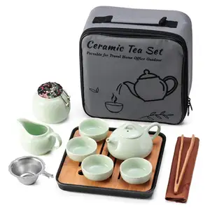 Set Teh Mini Keramik, Teko Travel dengan Baki Infuser Teh 4 Cangkir Teh Semua Dalam Satu Hadiah Tas Portabel untuk Rumah Hotel Piknik