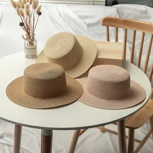 Nuovo arrivo lady boater cappello da sole Flat top cappello da spiaggia di paglia round summer Sun panama hat women