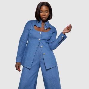 Buttons Turn <b>Down</b> Collar Casual Denims Solid Color Eco-Friendly Breathable Wide Straight <b>Pants</b> Two Piece Set Women Fashion - Product Image 3