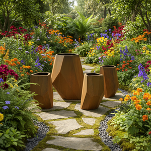 Boîte à fleurs en acier corten découpée au laser, grande, sculpturale - Product Image 1