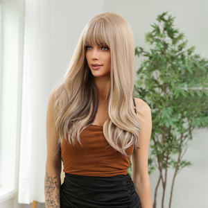 Prezzo all'ingrosso di fabbrica biondo <span class=keywords><strong>chiaro</strong></span> marrone evidenziare parrucche sintetiche ondulate naturali lunghe per le donne <span class=keywords><strong>capelli</strong></span> finti con parrucca frangia - Product Image 3