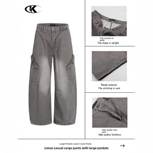 <span class=keywords><strong>Pantaloni</strong></span> Larghi Casual da <span class=keywords><strong>Uomo</strong></span> YOFA in 100% Cotone Vintage con <span class=keywords><strong>Tasche</strong></span> Cargo, Lavaggio Effetto Usurato, Stile Baggy, OEM ODM - Product Image 2