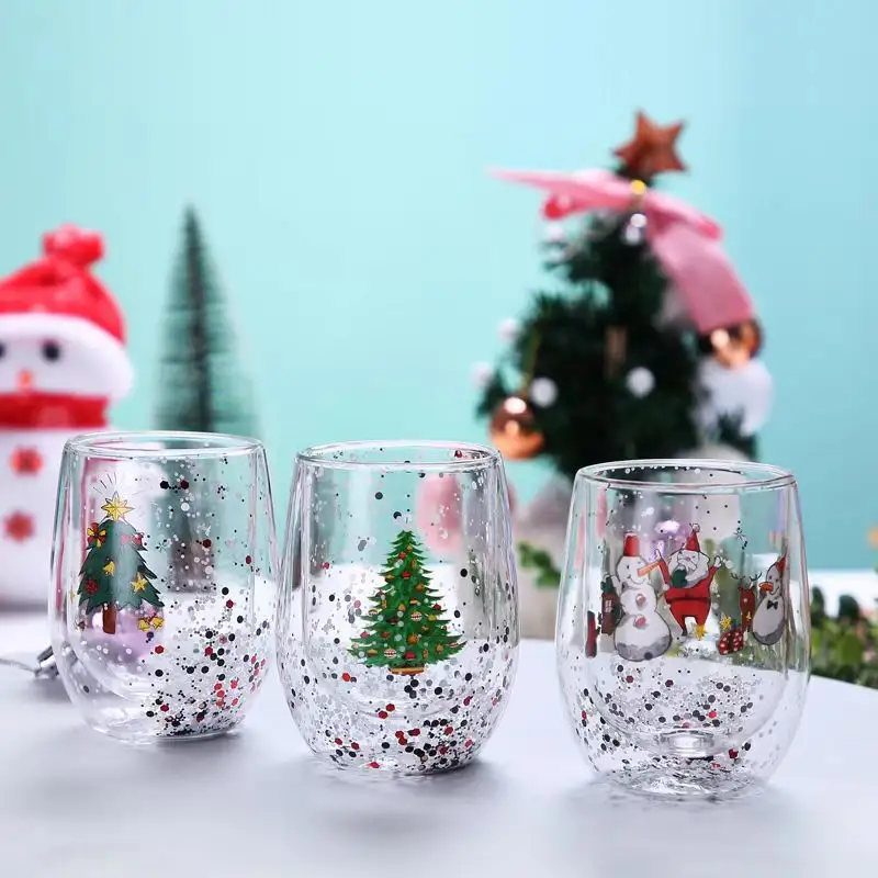 Taza de cristal de árbol de Navidad de vacaciones, decoración de purpurina de cristal de doble pared, Navidad de taza de juego de regalo, tazas de café y leche