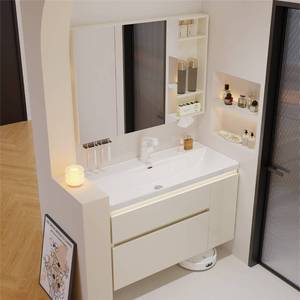 Meuble de salle de bain de luxe léger en bois massif de haute qualité, couleur crème, imperméable et résistant à l'humidité - Product Image 3