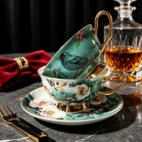 Ensemble tasse et soucoupe en porcelaine fine, motif oiseaux champêtres de style européen, service à thé de l'après-midi en céramique, tasse à thé noir haut de gamme individuelle