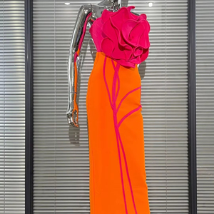 S1232Y 2026 Abito Fasciante Senza Spalline con Motivo Floreale 3D Patchwork <span class=keywords><strong>Arancione</strong></span> e Rosso Rosa, Elegante e Alla Moda per Feste - Product Image 2