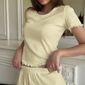 Ladies Soft Elastic Waist <strong>Summer</strong> Short Sleeved Round Neck Two Piece Women's Pajamas Set Homewear Sleepwear Customizable <strong>Pjs</strong> - Product Image 1