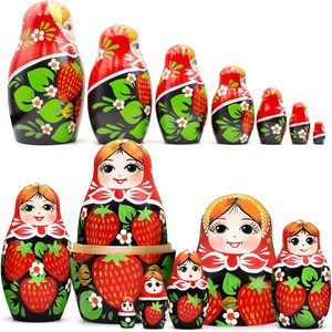 Ensemble de 7 poupées gigognes russes avec foulard rouge et robe à motif fraise, poupées gigognes Matryoshka faites à la main et peintes à la main - Product Image 2