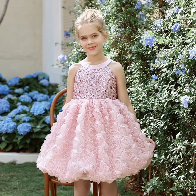 Vente en gros de robe à paillettes pour filles de 3 à 12 ans robe de soirée jupe à fleurs roses 3D robes de demoiselle d'honneur élégantes pour mariages