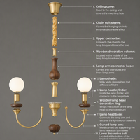 Lámpara de Techo Colgante de Tres Luces de Madera de Nogal Negro y Cristal para Sala de Estar, Hotel, Restaurante