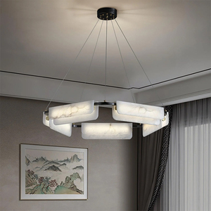 Lampadario LED in Stile Nordico, Decorazione per Hotel e Soggiorno, in Ottone e Pietra di Alabastro Bianca, Modello Delia - Product Image 4