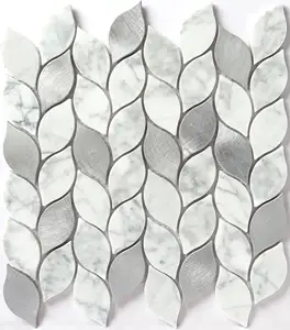 Grosir Cina Putih Halus Batu Dekorasi Dinding Marmer Terlihat Kecil Daun Batu Campuran Logam Ubin Mosaik Kamar Mandi