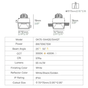 XRZLux באיכות גבוהה ETL שקוע תאורת LED למטה IP44 עמיד למים תאורת ספוט 10W זרקור תקרה מרובע למטבח חדר רחצה