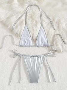 Women Pink <b>Bikini</b> <b>Set</b> Crossed Halter Top Tie Side Bottoms Spandex Polyester Swimwear - Product Image 5