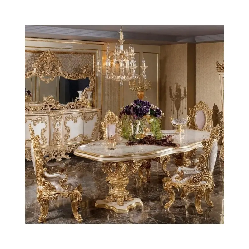 Squisito europeo lussuoso royal classico tavolo da pranzo set intagliato dorato parte superiore antica sala da pranzo mobili set 8 sedie