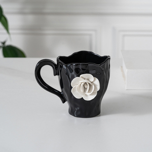 New Product Handmade Flower <b>Ceramic</b> Coffee Mug Black Aesthetic <b>Ceramic</b> <b>Cup</b> with Saucer - Product Image 2