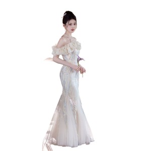 Champagne Evening Gown Women Halter Neck Mermaid Dress Ruffles Natural Waistline Coming Of Age Ceremony Elegant Formal Wear - Product Image 5