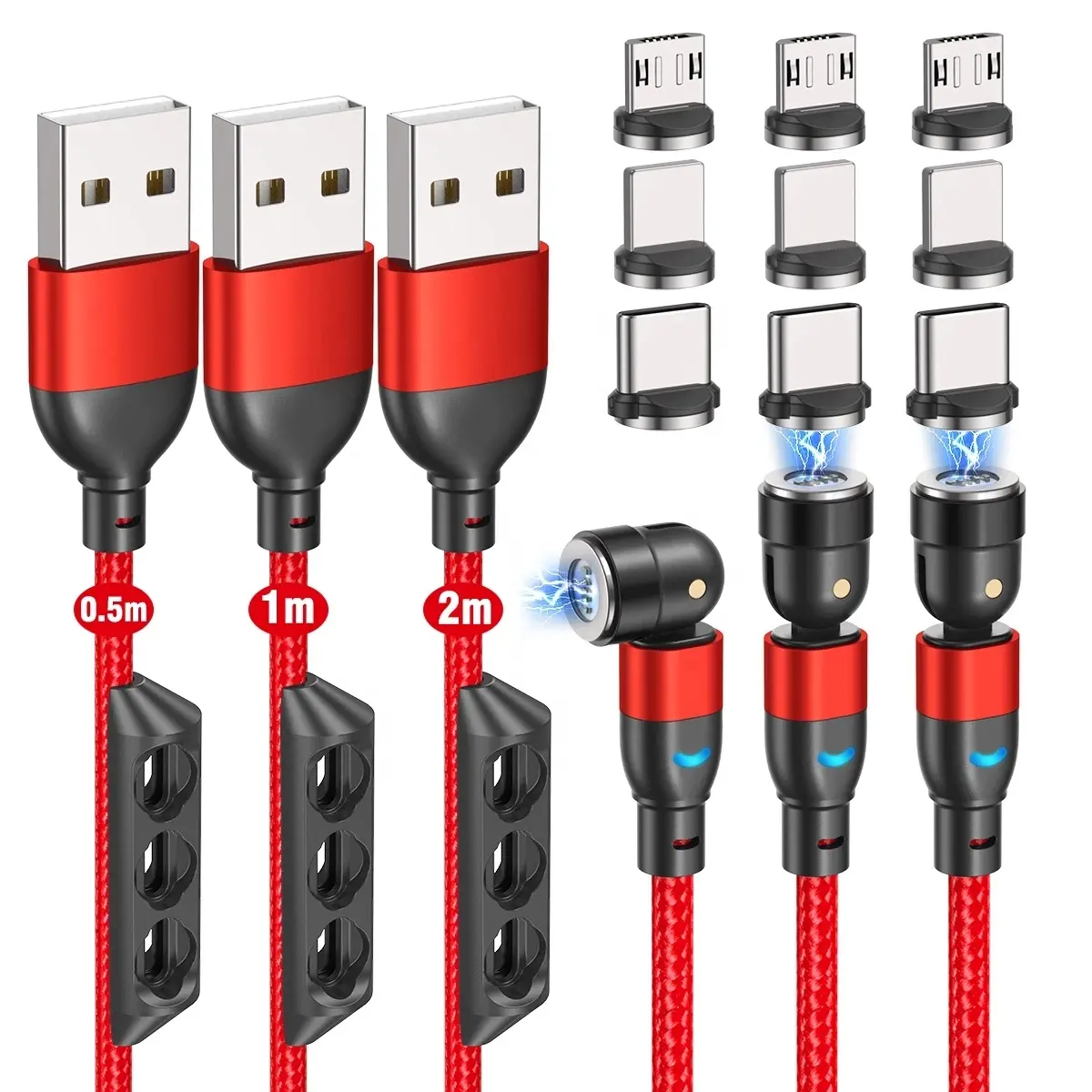 3 IN 1 Magnetic USB Cable for iPhone iPad Samsung Huawei Charger Cable 540 Rotate Magnet Micro/USB C Fast Charging Cable 1m 2m