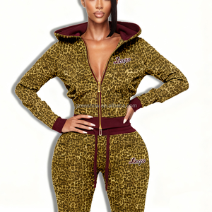 Completo Sportivo da Donna Autunnale Casual con Stampa Leopardata Ricamata, Felpa con Cappuccio e Zip, Maniche Lunghe, Set Due Pezzi Aderente - Product Image 4