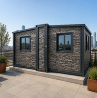 Maison conteneur pliable extensible en revêtement de pierre artificielle avec fenêtres coulissantes pour bureau sur le toit et hébergement temporaire