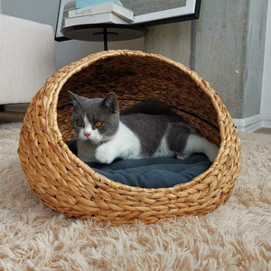 Semi Enclosed Woven <b>Cat</b> Bed Round Solid Color With Removable Washable <b>Mat</b> For <b>Cats</b> Pet Bed - Product Image 1
