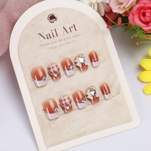 Wearable High-End Summer <b>Blush</b> Nails French Style Edge Handmade Nail Tips with Rhinestones and Bowknot - Product Image 3