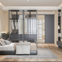 Moderner begehbarer Kleiderschrank mit Glasfront, integriertem Schlafzimmer-Stauraum und TV-Einheit – Luxuriöser, maßgefertigter Einbauschrank