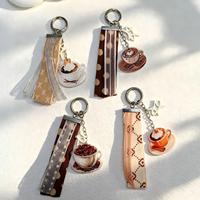 Porte-clés en acrylique avec pendentif tasse de café latte et étoile de café, breloque de sac avec sangle en ruban, cadeau pour les amateurs de café